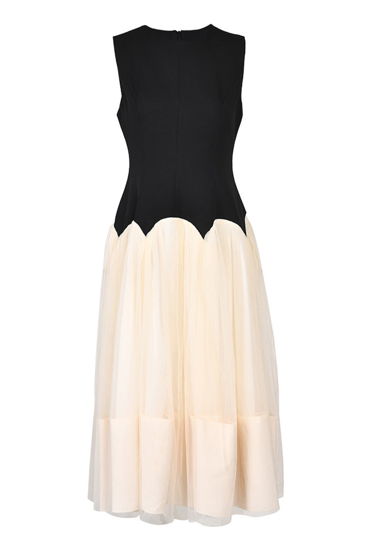 Vintage Style Round Neck Contrast Tulle Sleeveless Party Midi Sundress