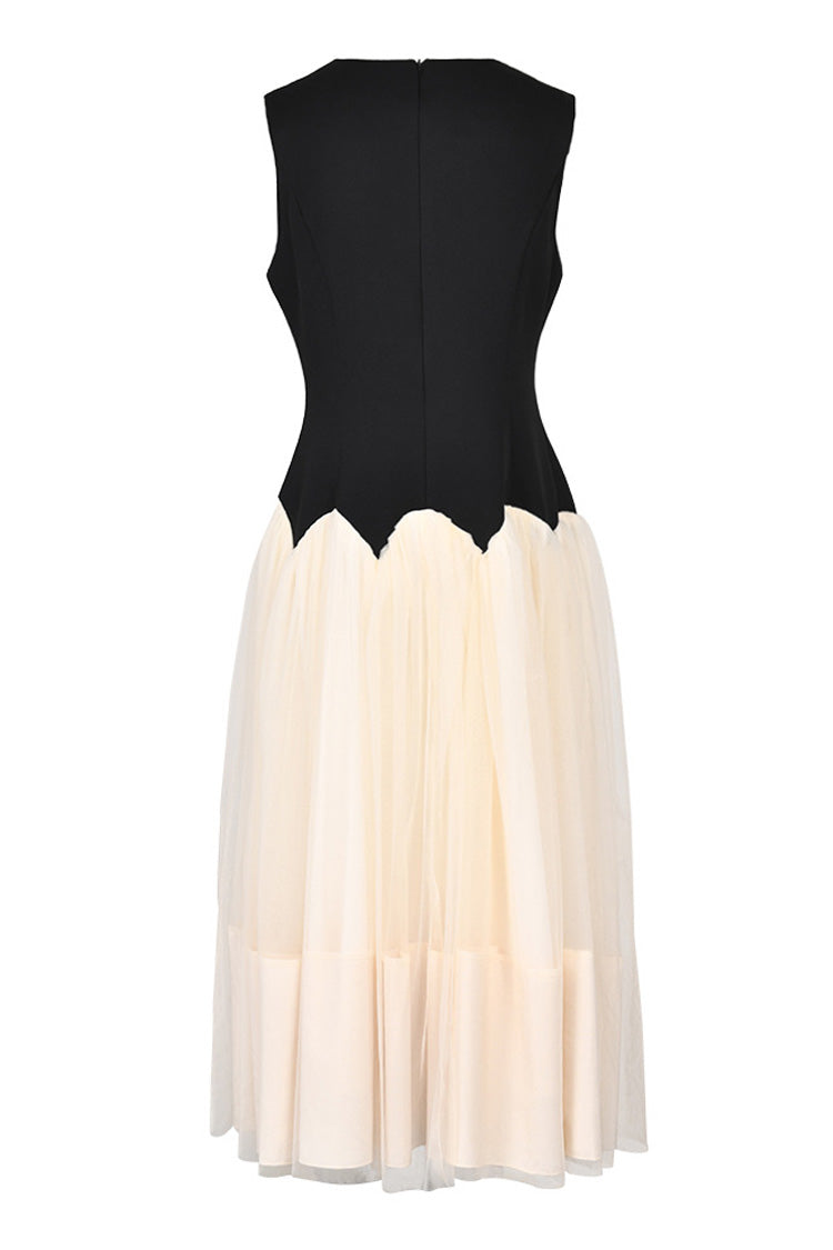 Vintage Style Round Neck Contrast Tulle Sleeveless Party Midi Sundress