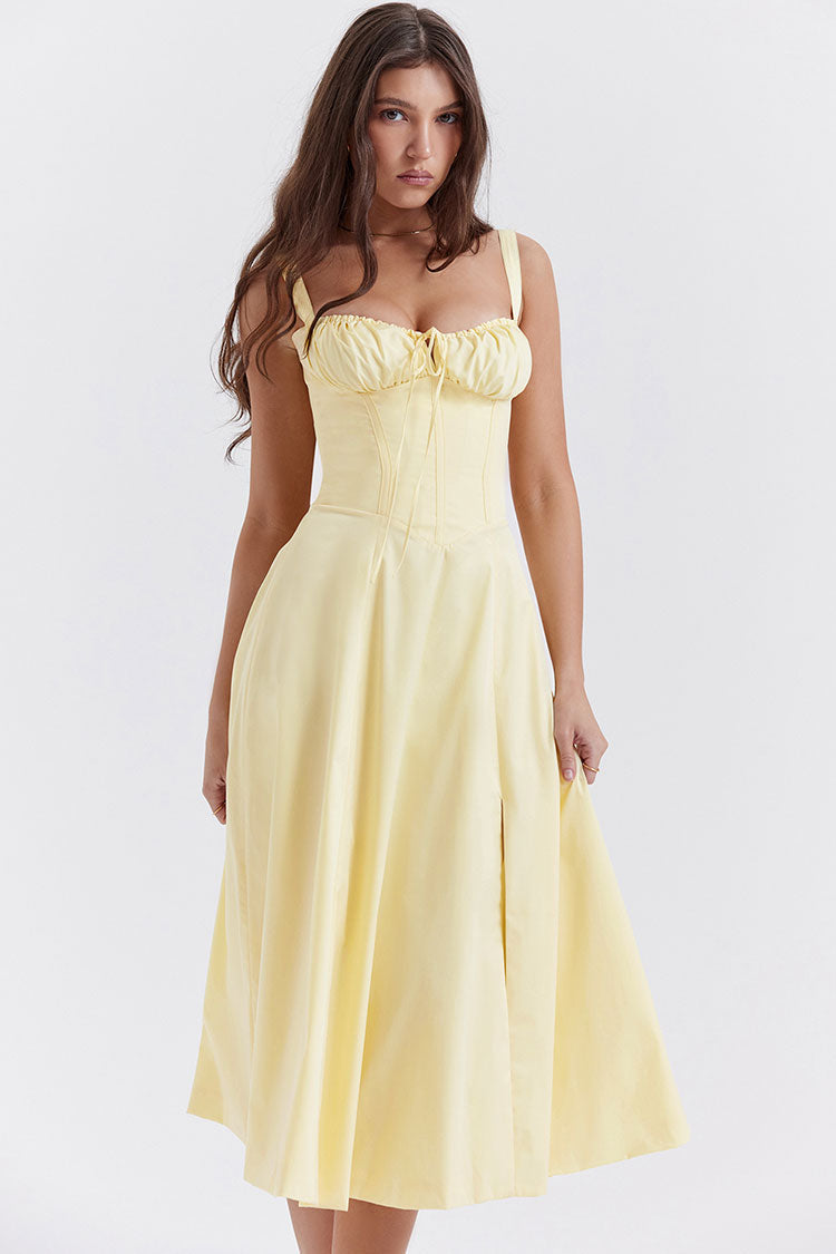 Vintage Tie Front Lace Up Back Fit & Flare Split Midi Sundress - Yellow