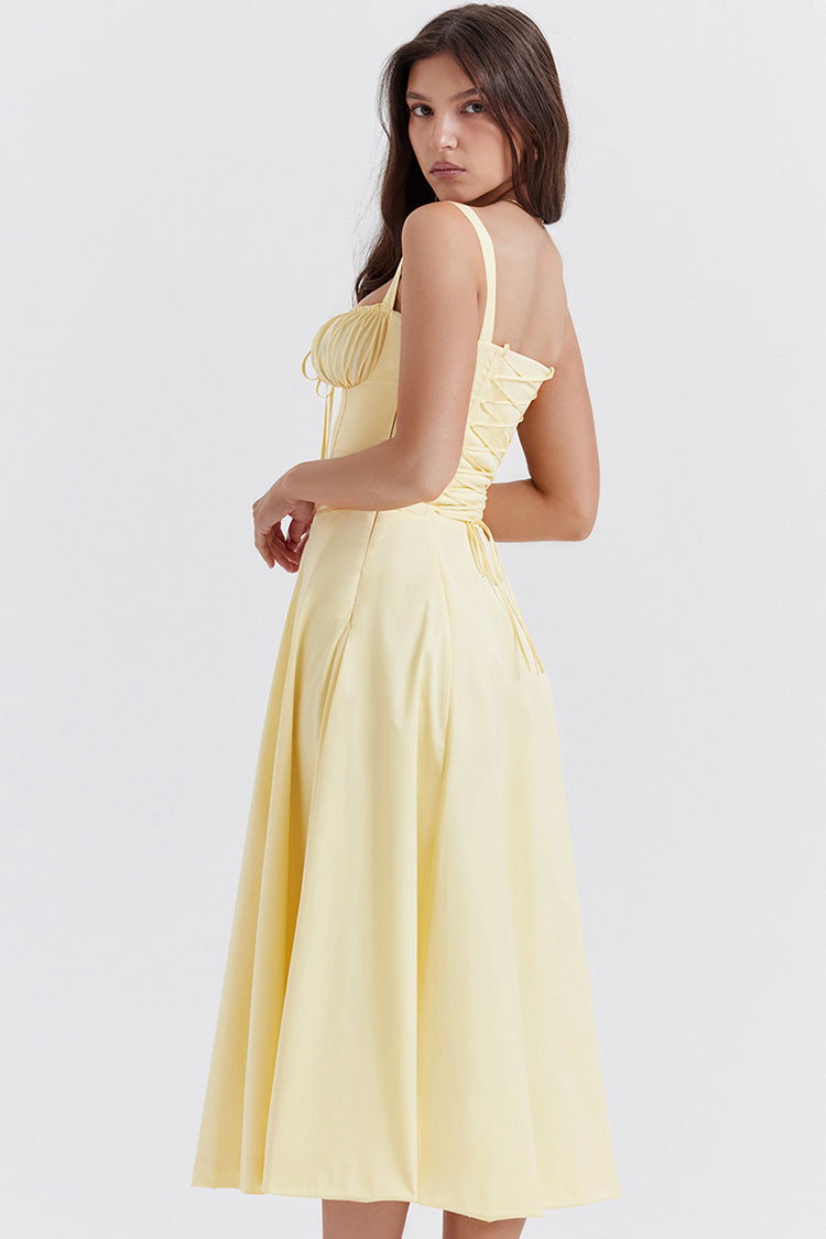 Vintage Tie Front Lace Up Back Fit & Flare Split Midi Sundress - Yellow