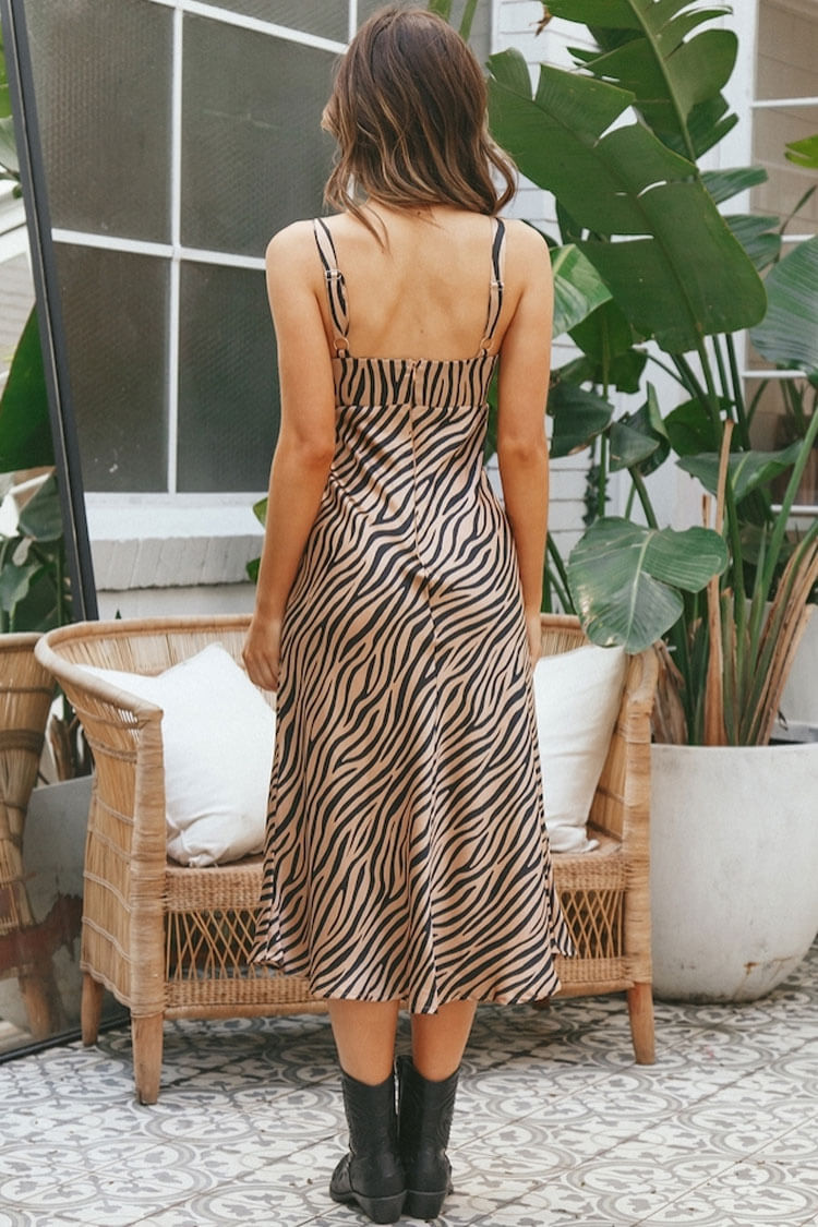 Vintage Zebra Print Bow Tie Satin Slip Midi Dress - Coffee