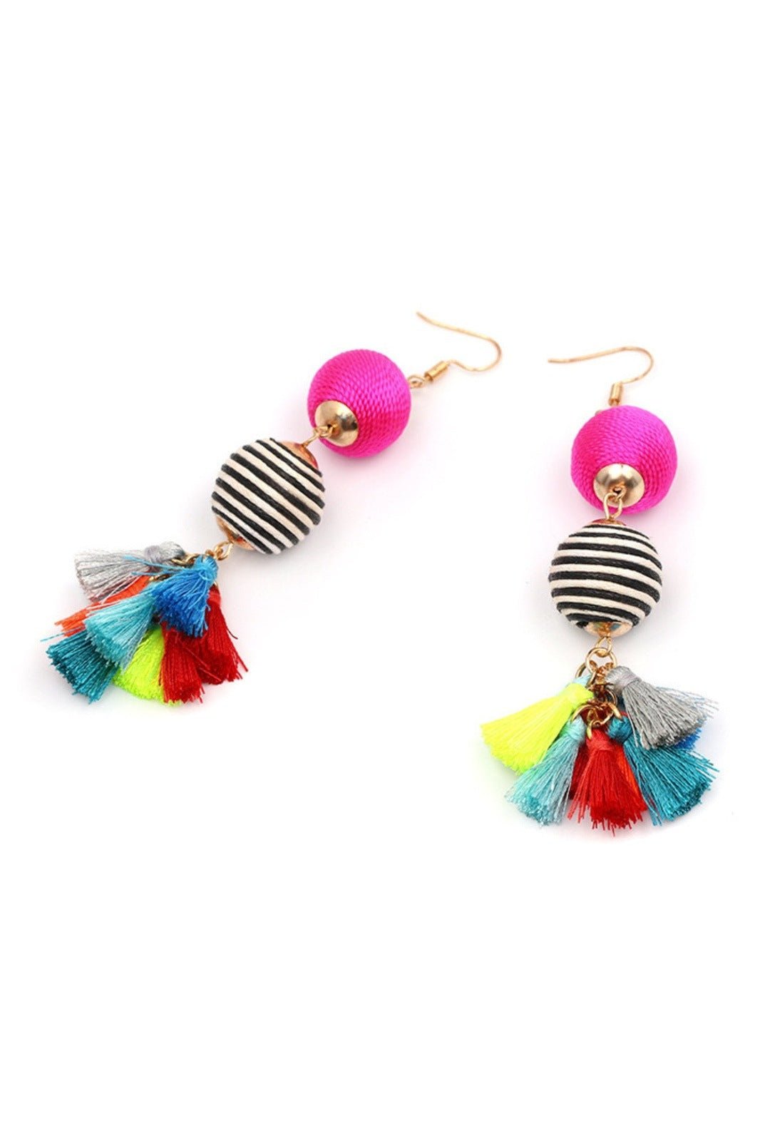 Weave Contrast Ball Tassel Earrings