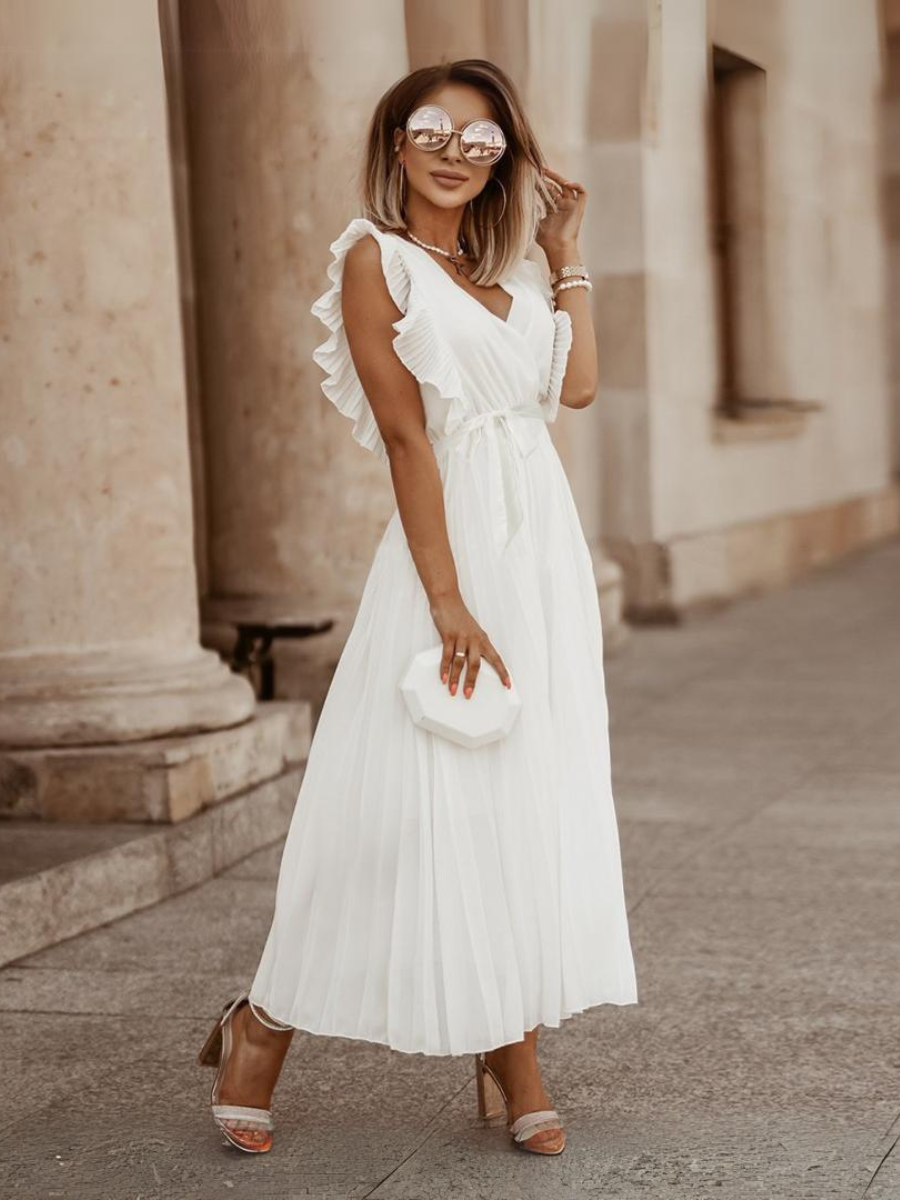 Elisha Plisse Ruffle Shoulder Midi Dress - White