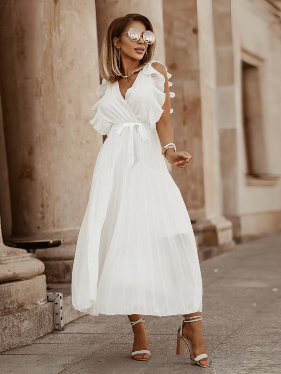 Elisha Plisse Ruffle Shoulder Midi Dress - White