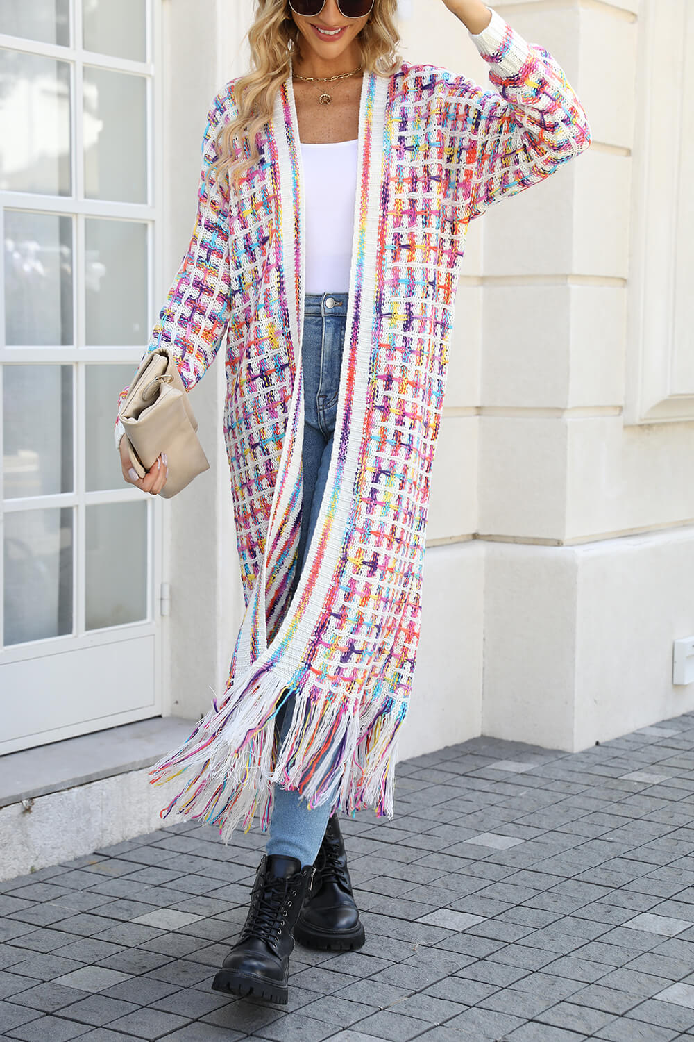 Lana Fringe Hem Knit Duster Cardigan - White