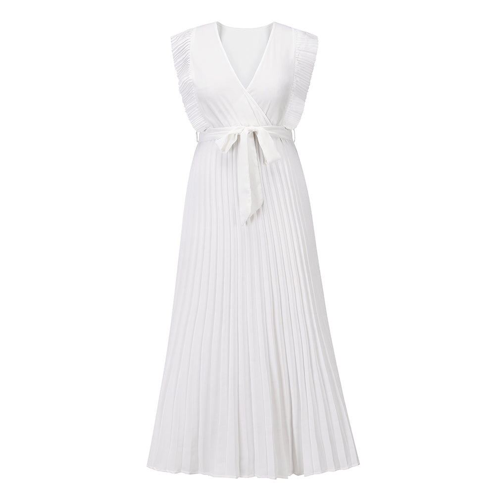 Elisha Plisse Ruffle Shoulder Midi Dress - White