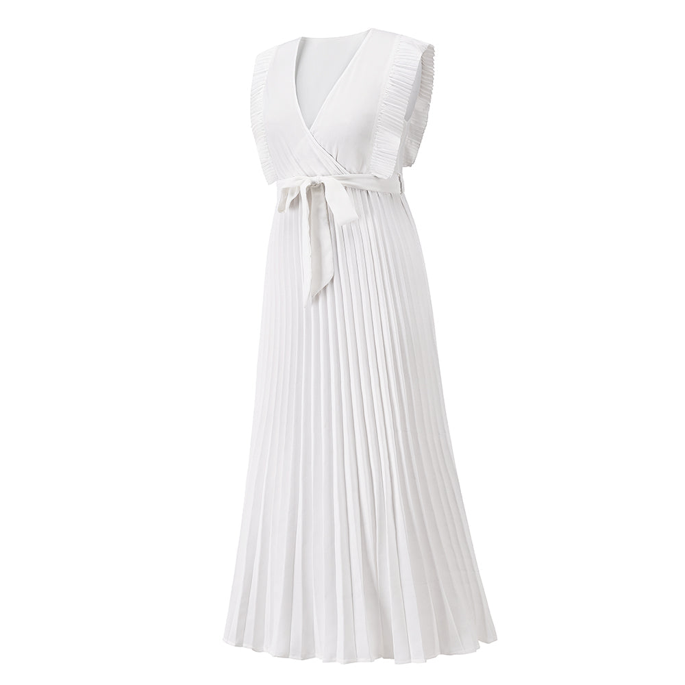 Elisha Plisse Ruffle Shoulder Midi Dress - White