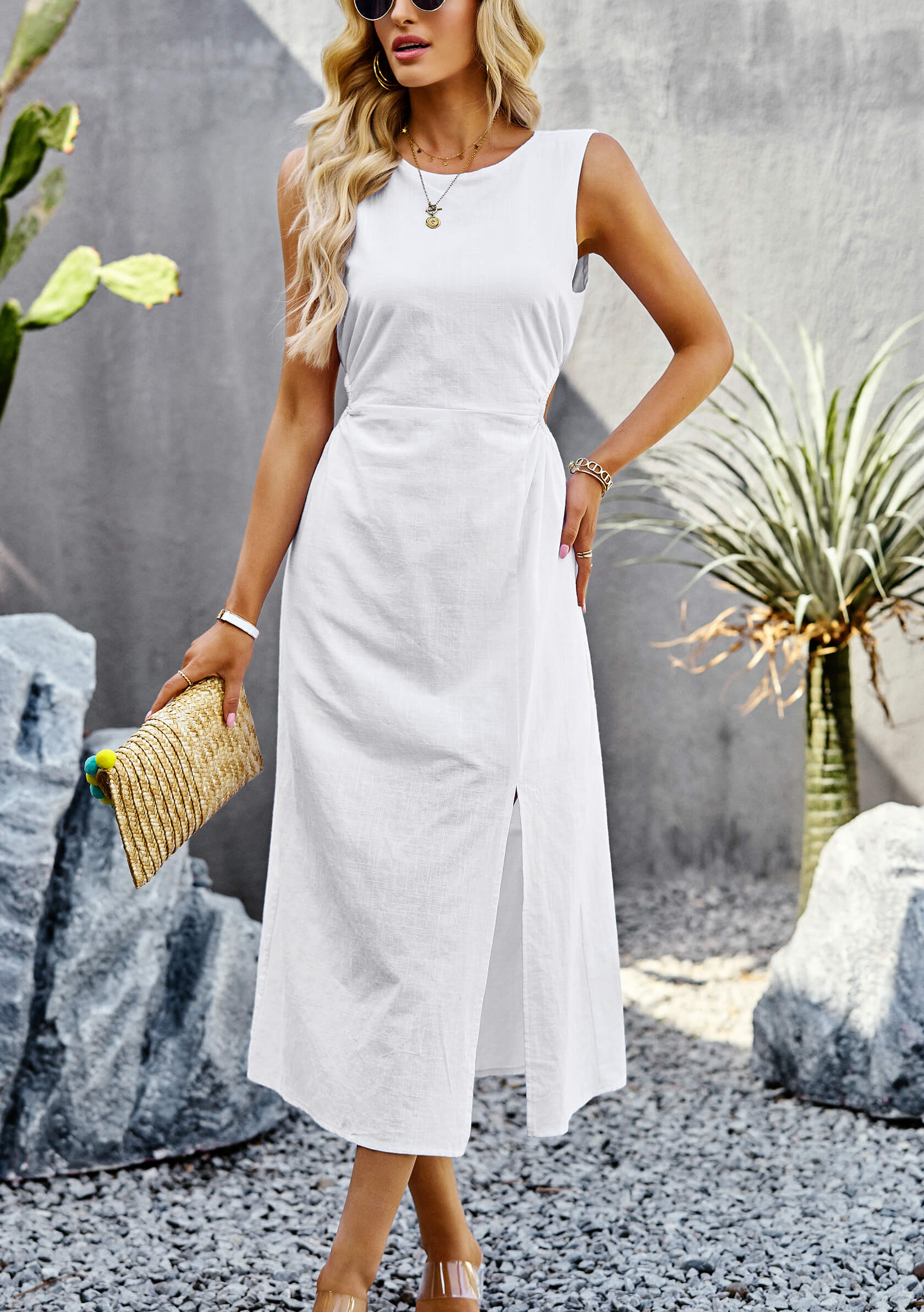 Lunch Date Sleeveless Slit Midi Dress - White