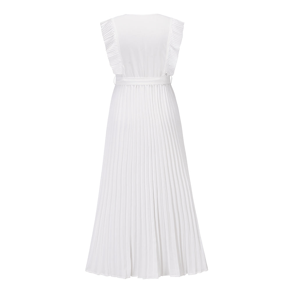 Elisha Plisse Ruffle Shoulder Midi Dress - White