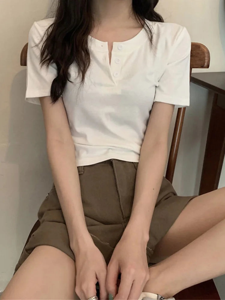 women t-shirt open button short Sleeve Crop Top Ladies Clothing 2024 Solid Basic T Shirt Casual Skinny White Slim Female Tops