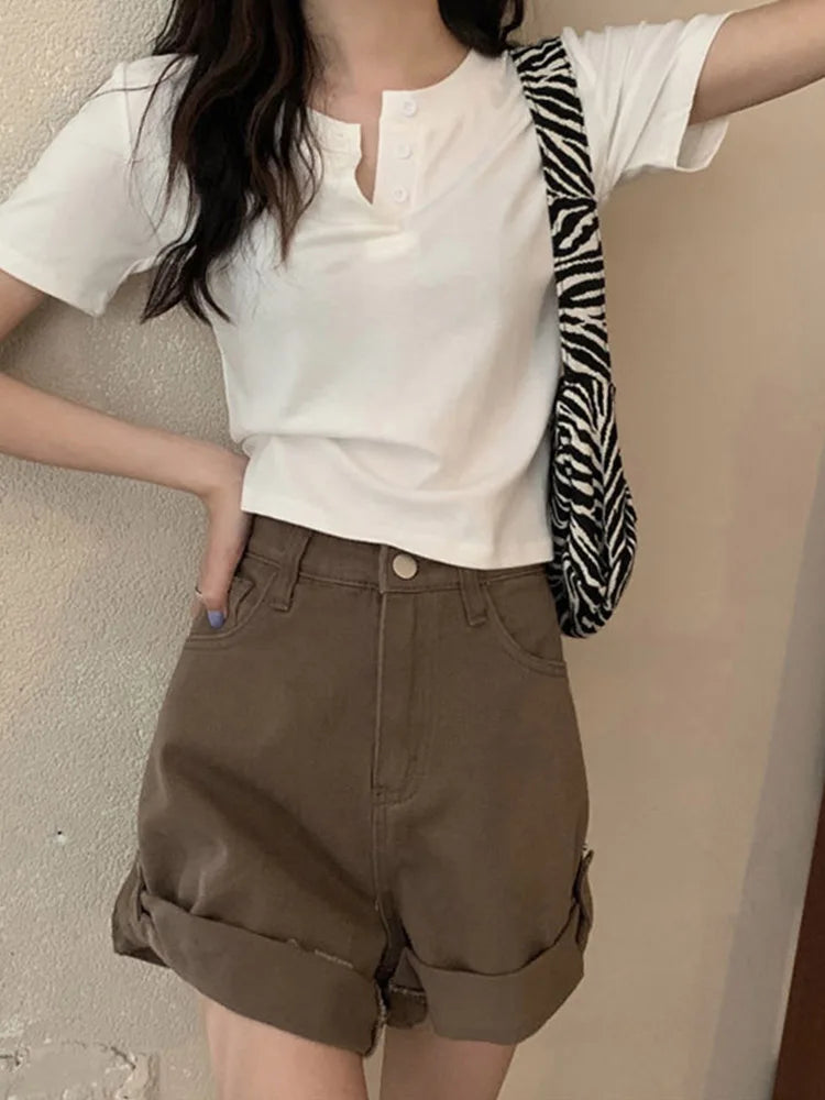 women t-shirt open button short Sleeve Crop Top Ladies Clothing 2024 Solid Basic T Shirt Casual Skinny White Slim Female Tops