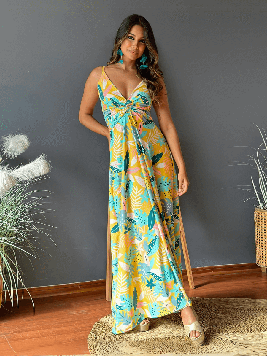 Cynthia Floral V-Neck Boho Maxi Dress - Yellow