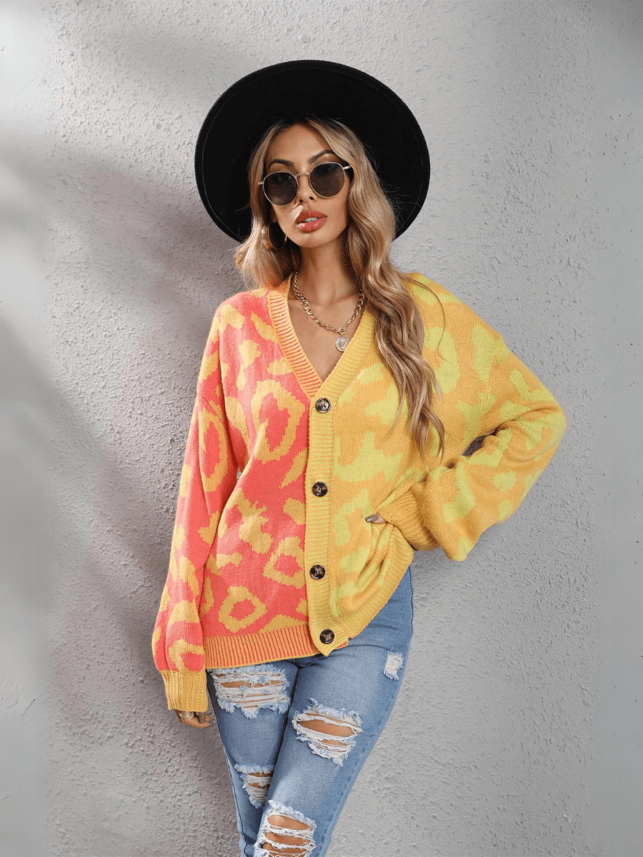 Janelle Leopard Button Up Knit Cardigan - Yellow