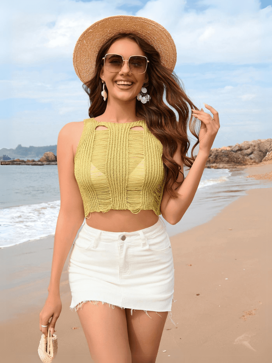 Trina Sleeveless Crochet Ripped Knit Tank - Yellow