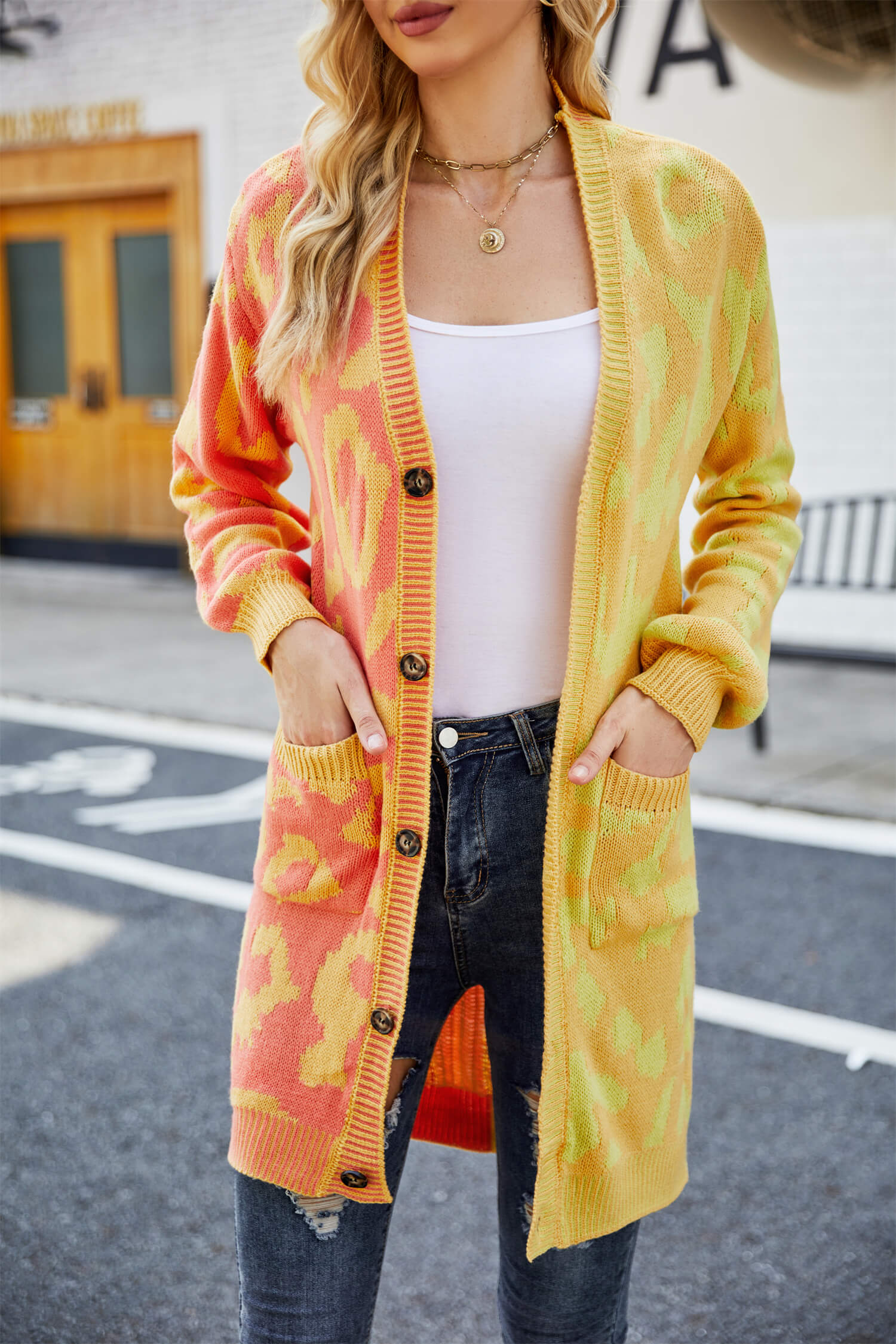 Hollis Leopard Knit Long Cardigan - Yellow