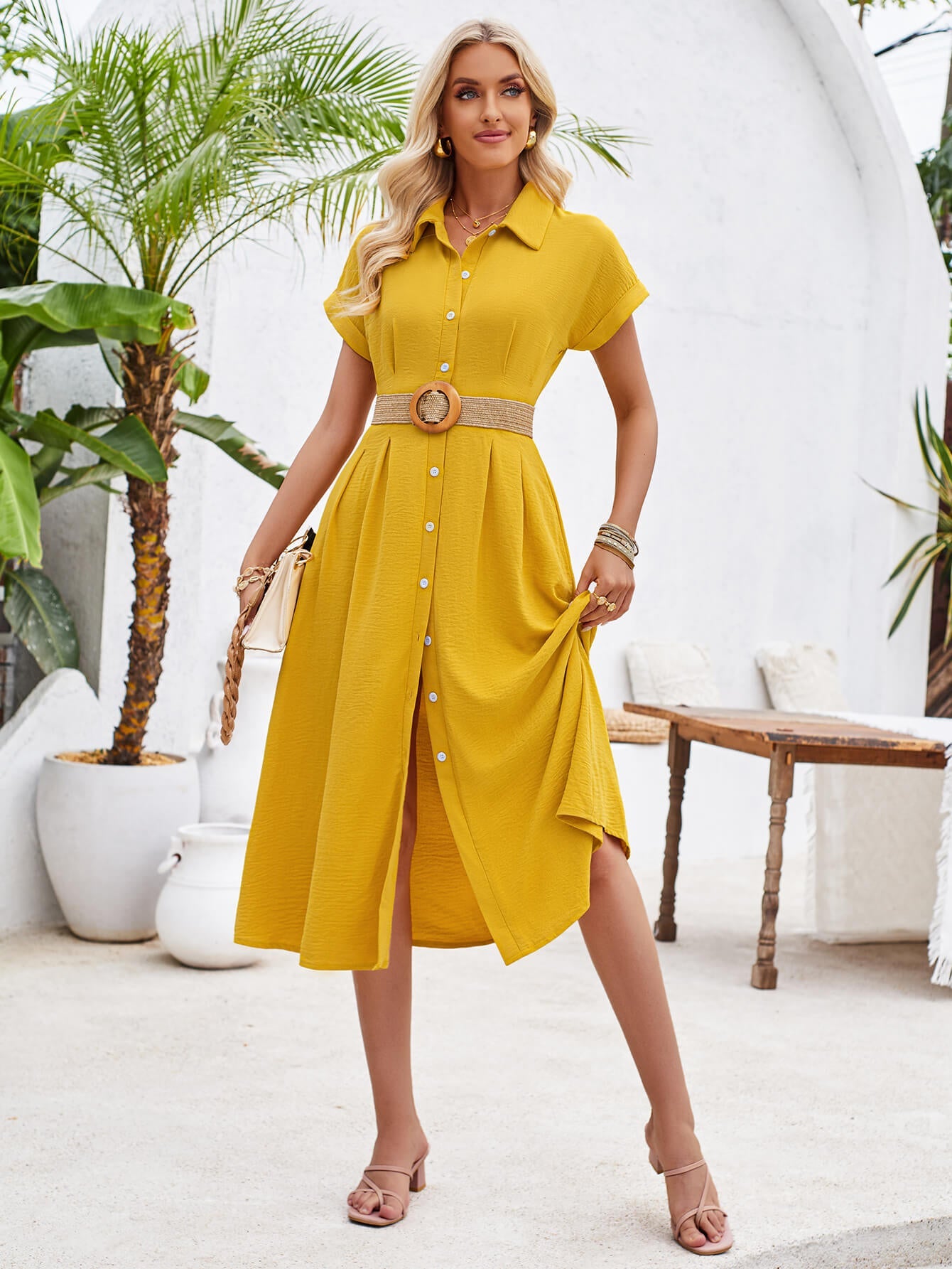 Abigail Collared Midi Shirt Dress - Yellow