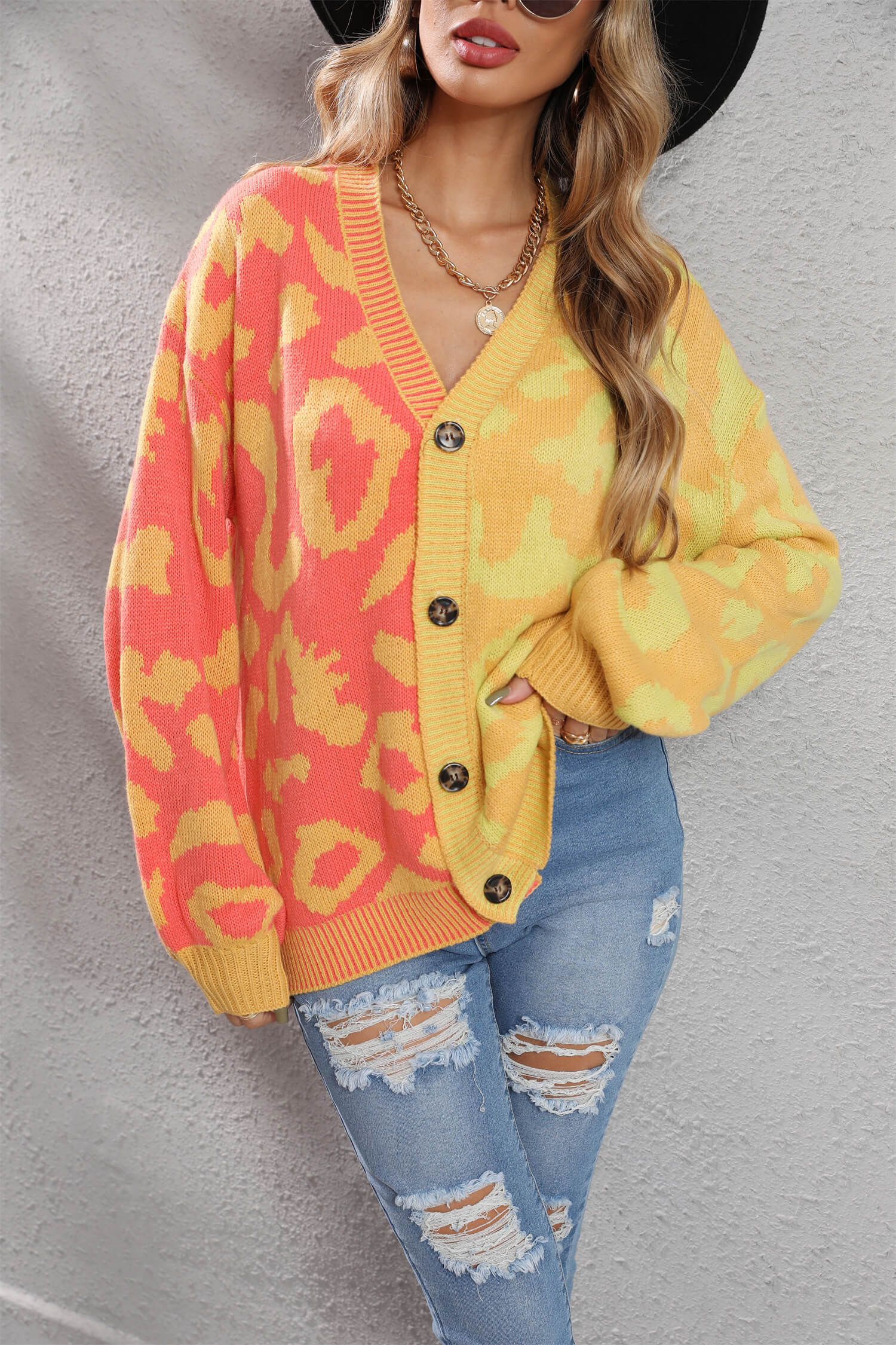 Janelle Leopard Button Up Knit Cardigan - Yellow