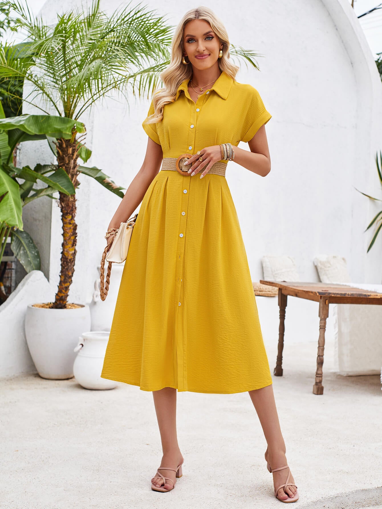 Abigail Collared Midi Shirt Dress - Yellow