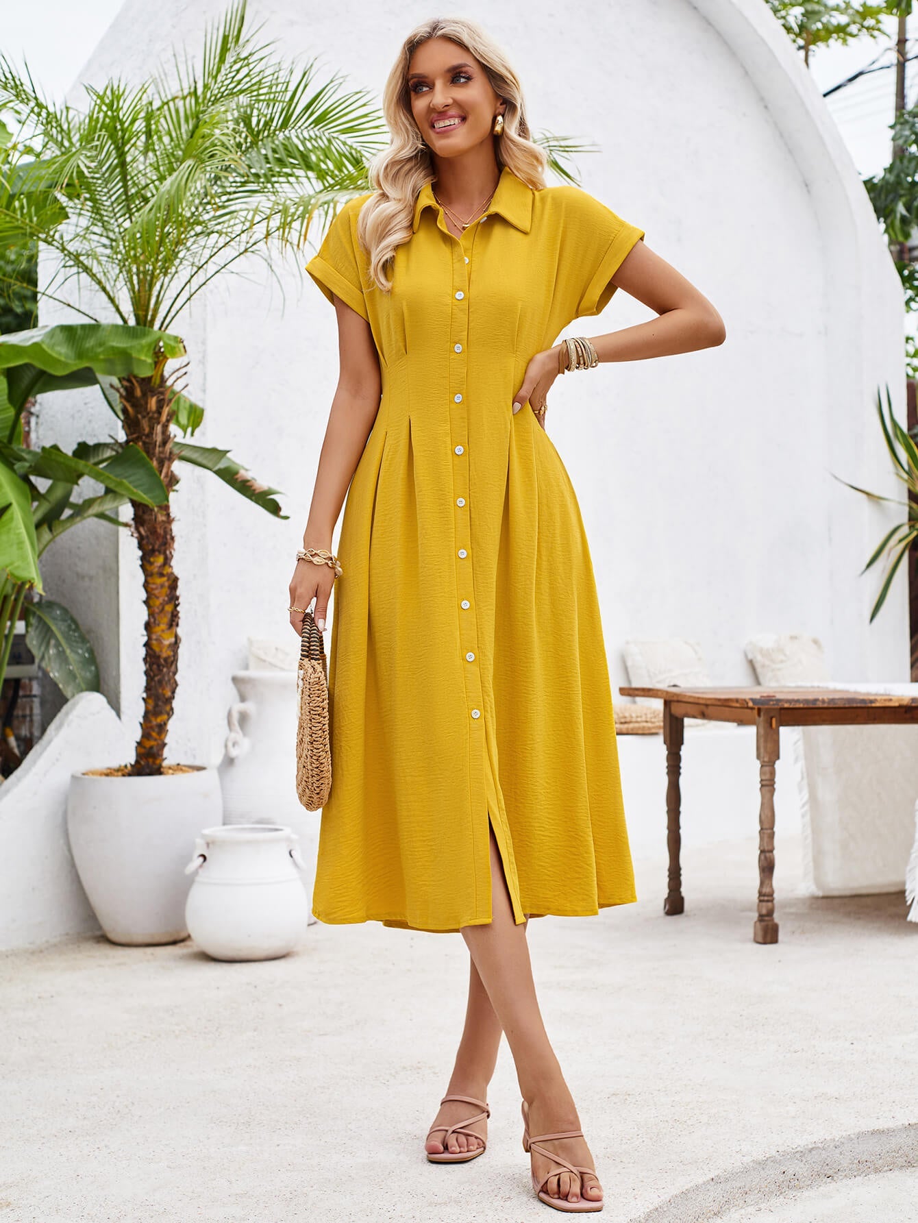 Abigail Collared Midi Shirt Dress - Yellow