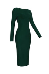 Zip Back Deep V Long Sleeve Cocktail Party Midi Dress - Emerald Green