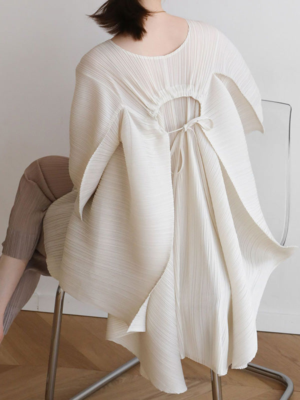 Simple Loose Long Sleeves Tied Pleated Solid Color Round-Neck T-Shirts Tops