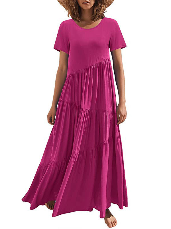 Casual Short Sleeves Loose Solid Color Round-Neck Maxi Dresses