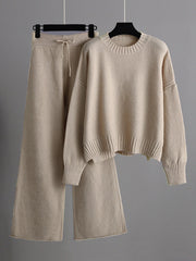 Stylish Loose High-Low Long Sleeves Solid Color Round-Neck Sweater Tops& Wide Leg Pants Two Pieces Set