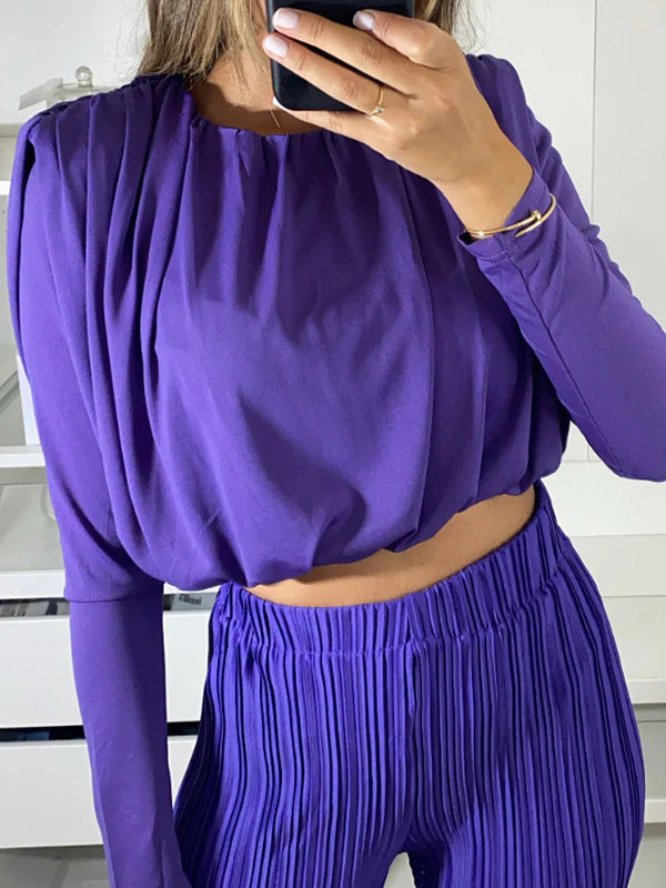 Long Sleeves Elasticity Pleated Solid Color Round-Neck Shirts Top + High Waisted Pants Bottom Two Pieces Set