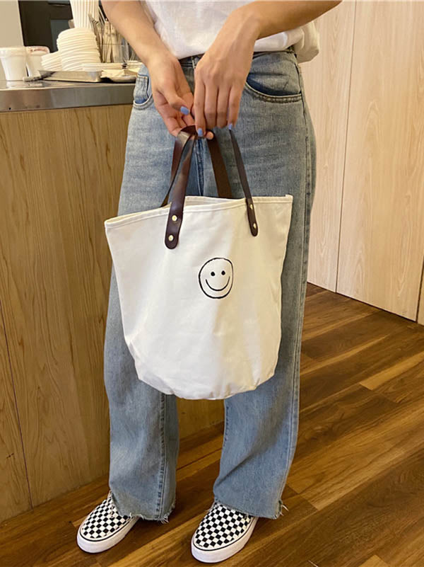 Vintage Canvas Smiling Face Printed Makeup Tote Bag Bucket Bag