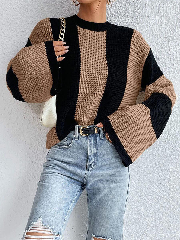 Flared Sleeves Contrast Color Striped Round-Neck Pullovers Sweater Tops