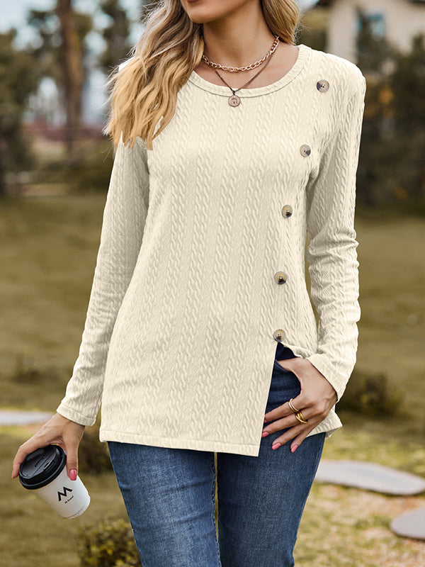 Long Sleeves Loose Buttoned Split-Front Round-Neck T-Shirts Tops