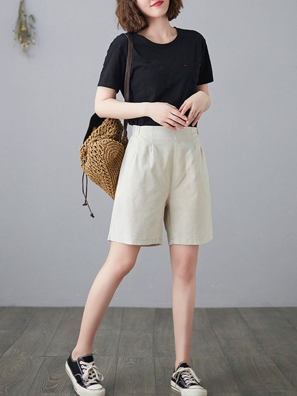 Simple Loose Casual Solid Color Linen Wide Leg Shorts