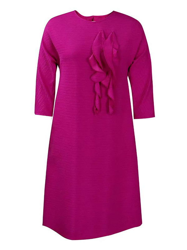 Vacation Long Sleeves A-Line Pleated Solid Color Round-Neck Midi Dresses