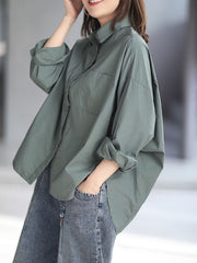 High-Low Long Sleeves Solid Color Lapel Blouses&Shirts Tops