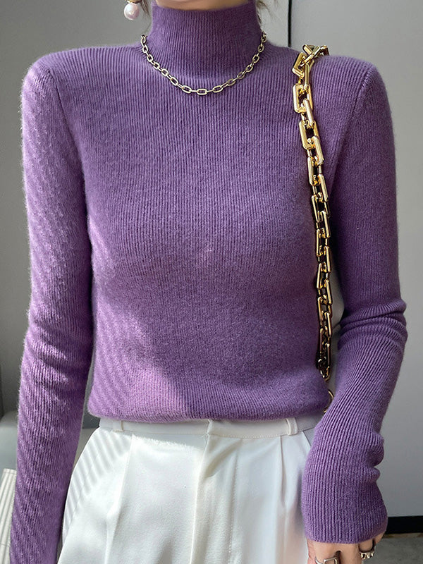 Casual Skinny Long Sleeves Solid Color Half Turtleneck Sweater Tops