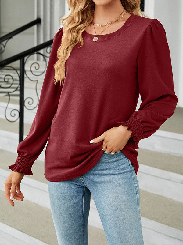 Long Sleeves Loose Elasticity Solid Color Round-Neck T-Shirts Tops