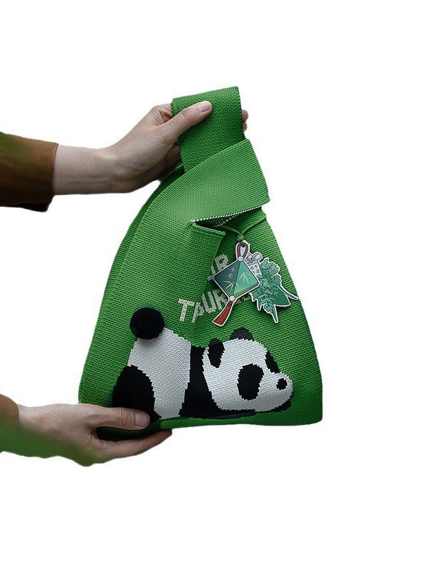 Panda-Patterned Woven Handbag Bags