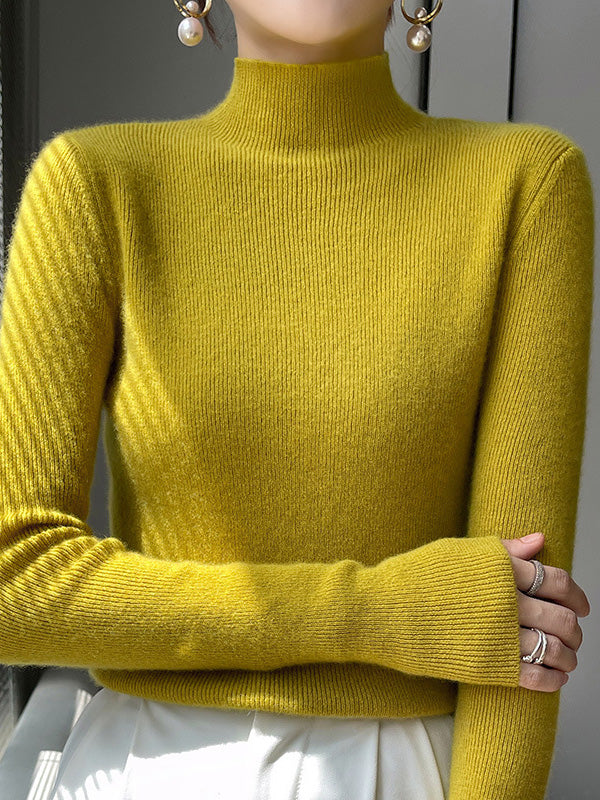 Casual Skinny Long Sleeves Solid Color Half Turtleneck Sweater Tops