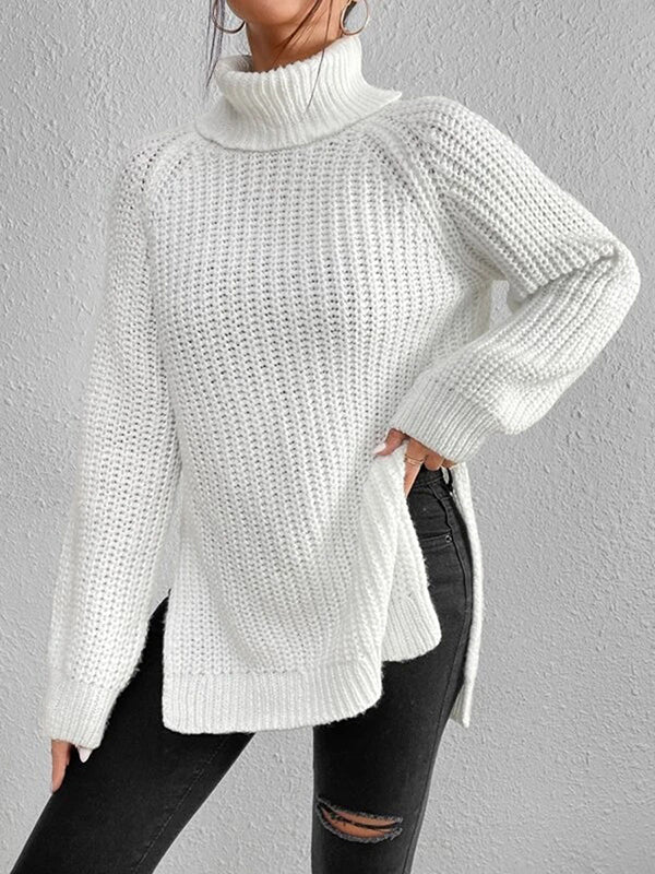 Long Sleeves Loose Solid Color Split-Side High Neck Pullovers Sweater Tops