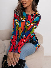 Long Sleeves Loose Figure Printed Round-Neck Knitwear Pullovers Sweater Tops