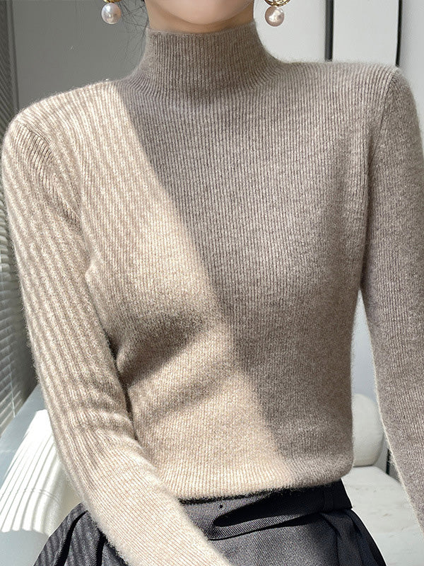 Casual Skinny Long Sleeves Solid Color Half Turtleneck Sweater Tops