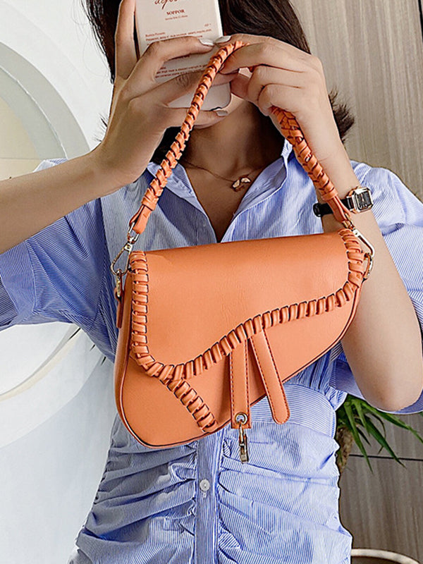 Urban Split-Joint Solid Color PU Shoulder Bag Saddle Bag