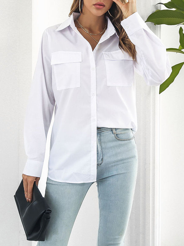 Long Sleeves Loose Solid Color Split-Joint Lapel Blouses