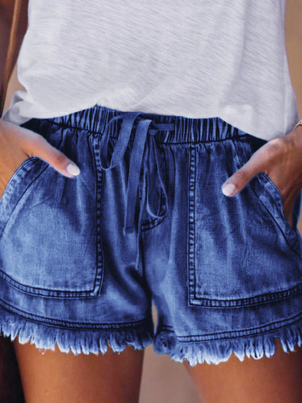 10 Colors Casual Drawstring High Waisted Denim Fringed Shorts