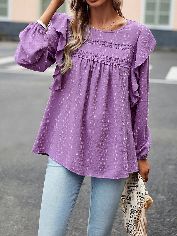 Loose Puff Sleeves Hollow Jacquard Solid Color Split-Joint Round-Neck T-Shirts