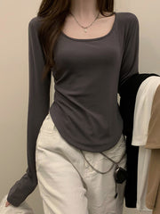 Long Sleeves Skinny Solid Color Square-Neck T-Shirts Tops