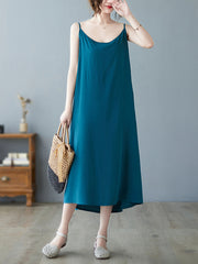 Loose Sleeveless Solid Color Spaghetti-Neck Midi Dresses