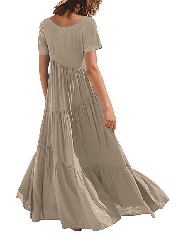 Casual Short Sleeves Loose Solid Color Round-Neck Maxi Dresses