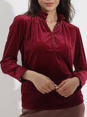 Long Sleeves Loose Buttoned Ruffled Velvet V-Neck T-Shirts Tops