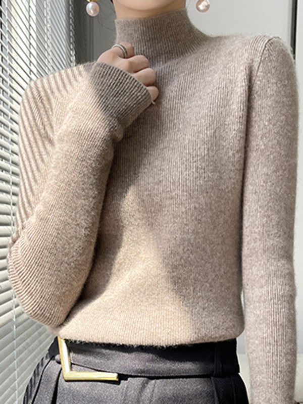 Casual Skinny Long Sleeves Solid Color Half Turtleneck Sweater Tops